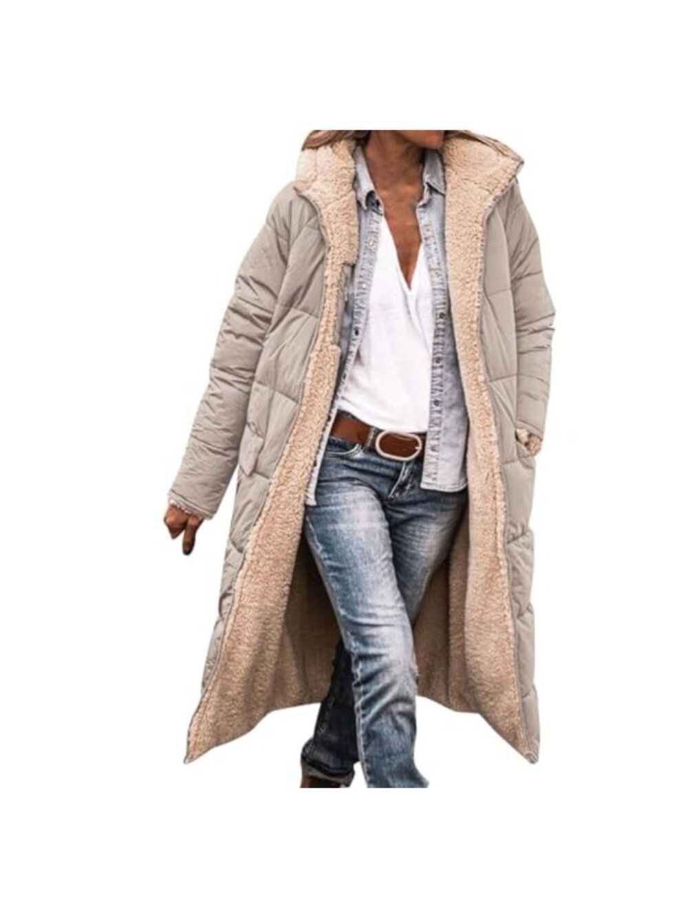 Warm Reversible Fleece Sherpa Lined Long Hooded Parka Puffer Winter Coat